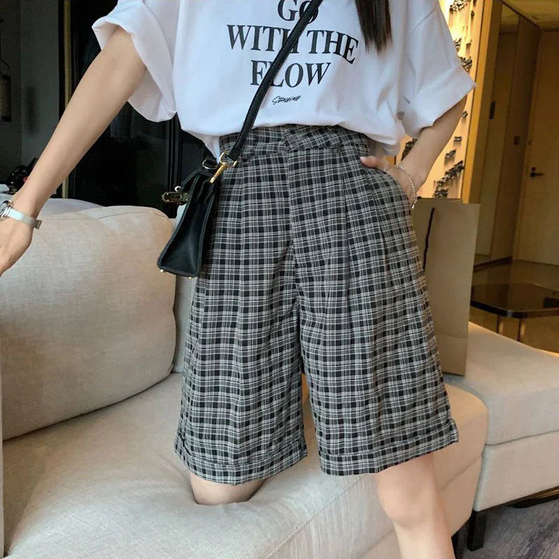 vmtvr Y2K Women Summer Plaid Short Pants Korean Casual Streetwear Loose Straight Leg Pants Fashion Female High Waist Shorts