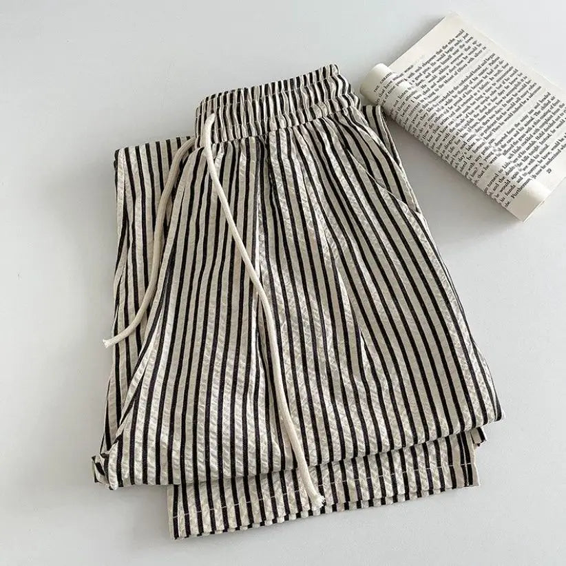 vmtvr American Vintage Trendy Vertical Stripe Wide Leg Pants Women Summer Elastic High Waist Drawstring Pocket Loose Straight Trousers