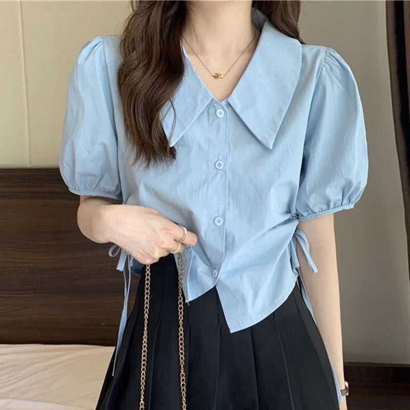 vmtvr Women White Shirts Summer Casual Lace Up Shirring Female Short Sleeve Tops Korean All Match Cropped Puff Sleeve Blouse