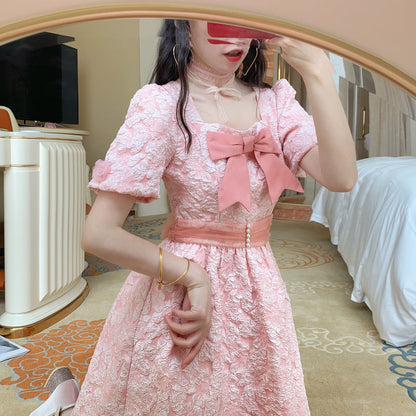 Pink Sweet Kawaii Square Neck Puff Sleeves Dress Korea Fashion Bowknot Princess Dress Summer 2023 Fairy Waist Slim Mini Dress