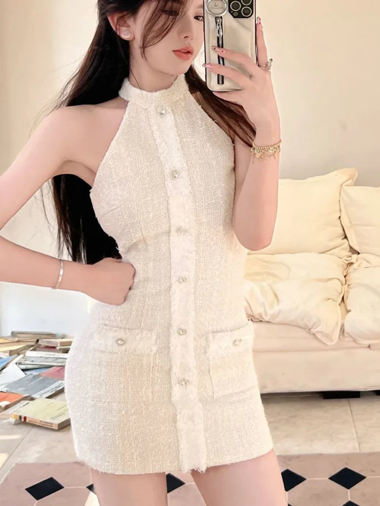 vmtvr  -  Summer New Luxury Elegant French Vintage Small Fragrance Tweed Dress Women Korean Sweet Sleeveless Sexy Dress Mini Vestidos