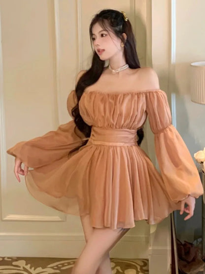 vmtvr Y2K Princess Party Mini Dress Women Summer New Off Shoulder Lantern Sleeves New High Waist A-line Slm Short Vestidos Mujer