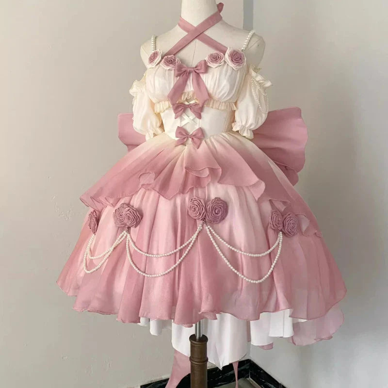 vmtvr  -  Retro Victorian Lolita Dress Elegant Women Sweet Bow Pearl Chain Ruffles Rose Flower Dresses Kawaii Gradient Pink Princess Dress