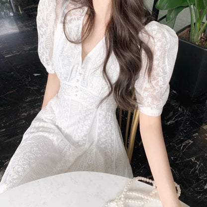 vmtvr Elegant V-neck Midi Dress Women Summer Puff Sleeve White Casual Party Dress Female Office Kawaii Lace One-piece Dress Korean Y2k