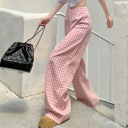 vmtvr High Waist Women Pink Plaid Pants Summer Fashion Streetwear Loose Wide Leg Pants Y2K All Match Female Straight Trousers