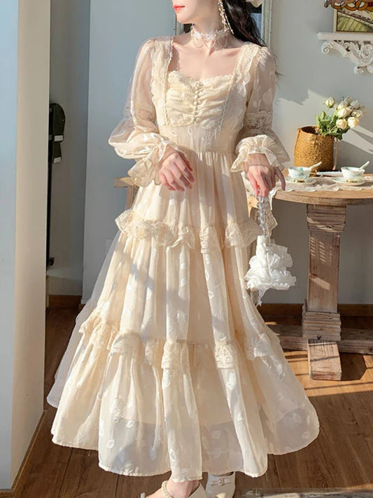 vmtvr Court Vintage Fairy Dress Women Sweet Ruffles High Waist Elegant Princess Dress Female Summer Casual Classy Party Dress New