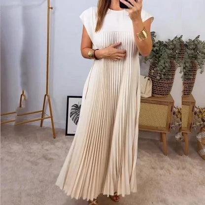 vmtvr Chic Fashion O-neck Pleated Long Party Dress Women 2024 Spring Solid Pockets Boho Maxi Dress Summer Sleeveless Loose Beach Dress