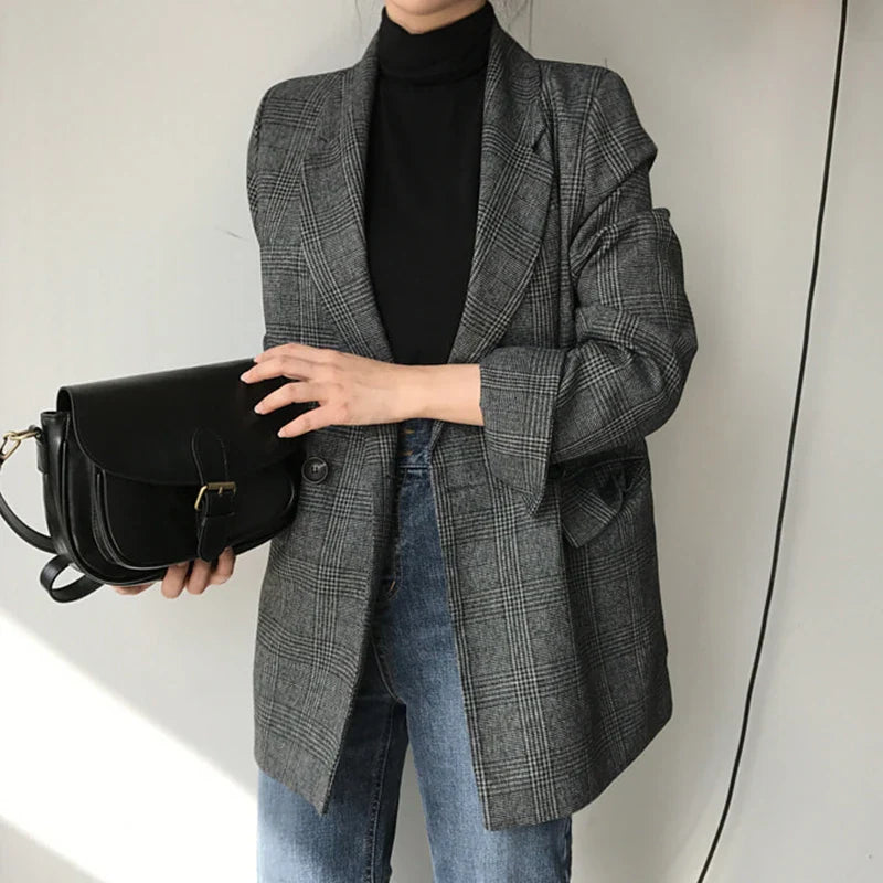 vmtvr Plaid Double Breasted Pockets Formal Jackets Checkered Winter Spring Women's Blazers Outerwear Tops