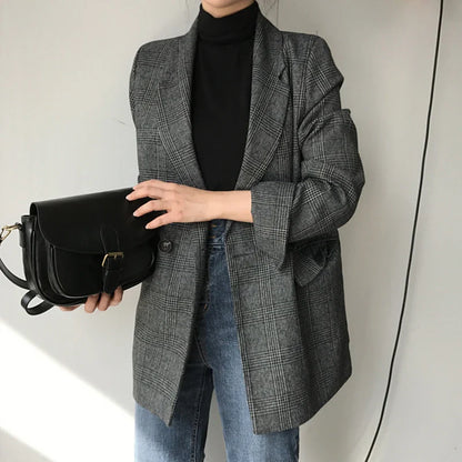 vmtvr Plaid Double Breasted Pockets Formal Jackets Checkered Winter Spring Women's Blazers Outerwear Tops