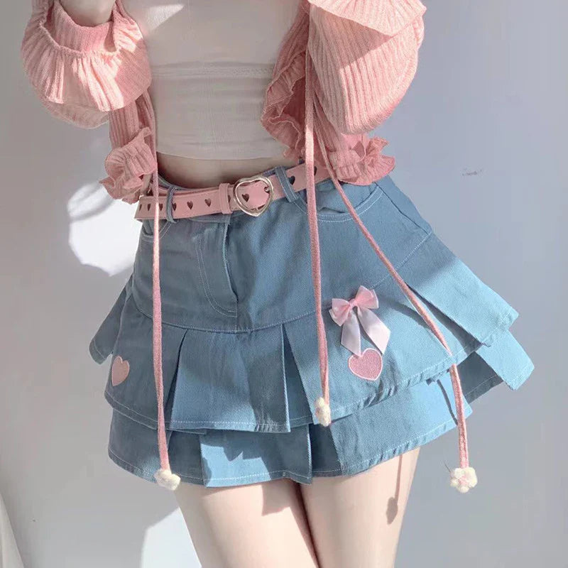 vmtvr Y2K Love Embroidery Jeans Skirts Women Fashion Streetwear Mini Skirts Summer All Match Female High Waist Pleated Skirts