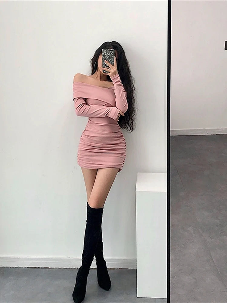 vmtvr  -  Sexy Strapless Cross Pleated Tight Hip Full Sleeve Fold Mini Dress Pencil Womens Autumn Girl Female Dresses SXYF