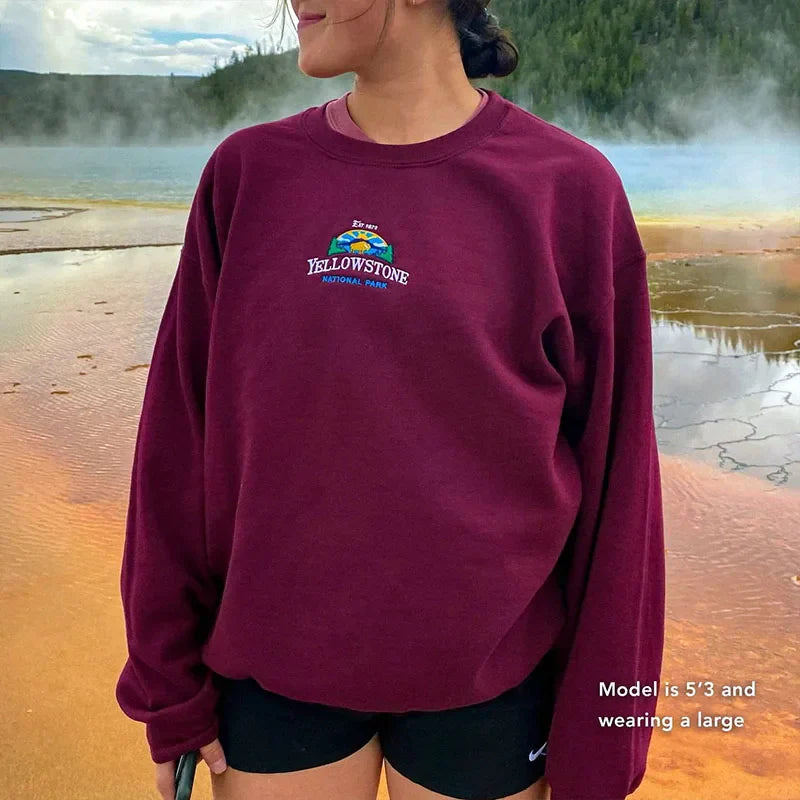 -Retro sports style outfit streetwear 90s fashion Yellowstone National Park Embroidered Wine Red Unisex Sweatshirts Long Sleeve Loose Cotton Crewneck Autumn Vintage Pullovers