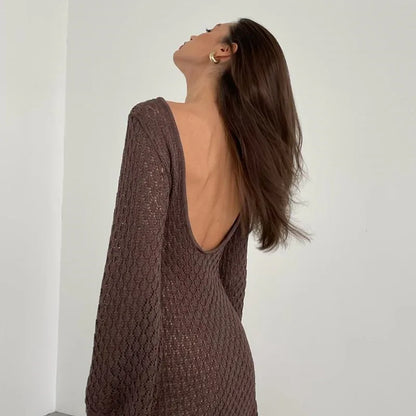 vmtvr Beige Knitted Hollow Out Mini Dress Women Long Sleeve Backless Slim Summer Beach Dress Female Fashion Sexy Cover-Ups 2024