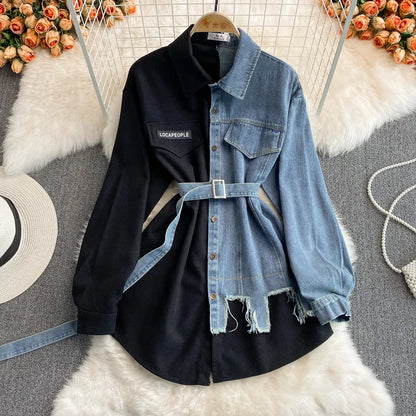 vmtvr  -  New Arrival | Korean Style Denim Patchwork Dress | Slimming Waist Turn-Down Collar | Irregular Midi Shirt Dress | Office