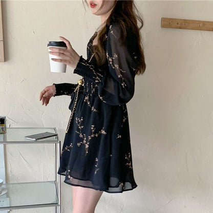 vmtvr - Autumn Womens Sexy Black Dress Vintage Flower Long Puff Sleeve Chiffon Dresses Korean Casual Mini Vestidos Mujer Clothes 13676