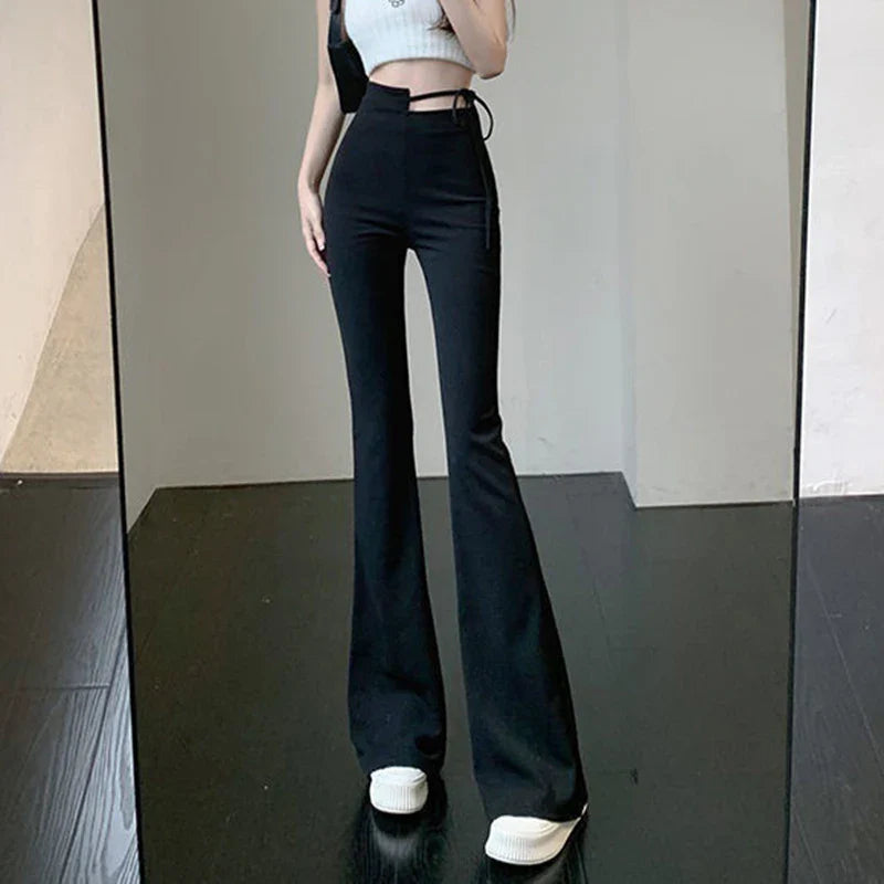 vmtvr Y2K High Waist Flared Pants Women Summer Fashion Lace Up Bodycon Pants Korean Streetwear All Match Female Black Trousers