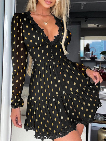 vmtvr Polka Dot Print Lace Trim Ruched Dress Women Sexy Plunge Long Sleeve Flared Mini Dress