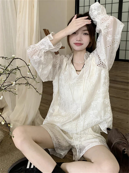 vmtvr White Women Suits Hollow Out Flare Full Sleeve Blouses Summer Office Wear Sweet Casual New OL Wide Leg Loose Shorts