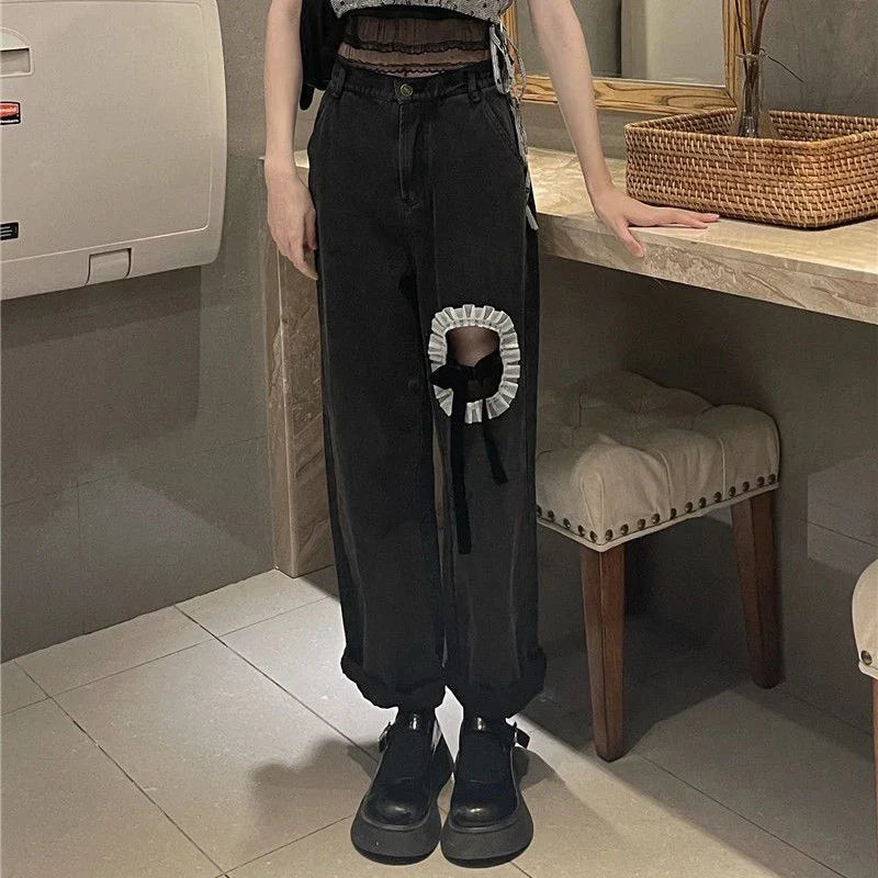 vmtvr Y2K Women Ripped Jeans Korean Bow Tie Bandage Loose Wide Leg Pants Summer Fashion Female All Match Student Denim Trousers