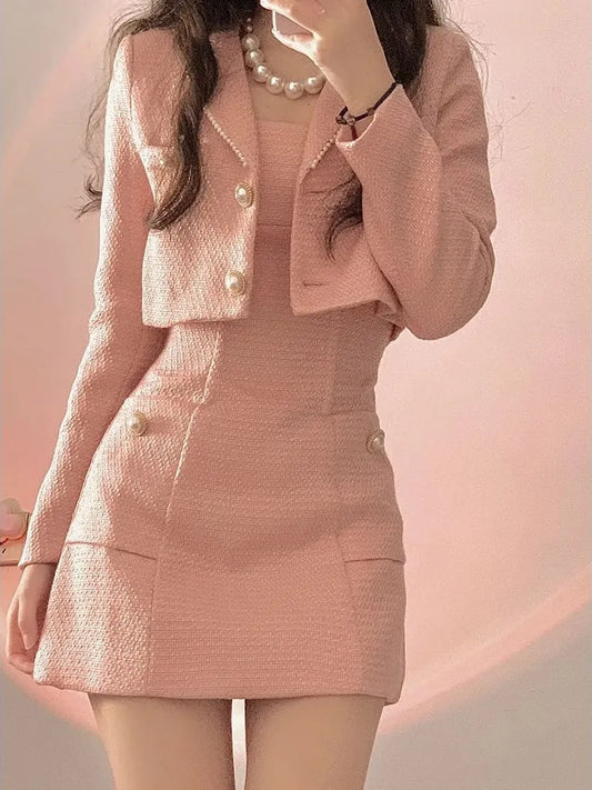 vmtvr -Autumn Pink Elegant Two Piece Set Women Korean Style Balzer Coat+Strap Mini Dress Set Female Solid Casual Slim Designer Set 2024