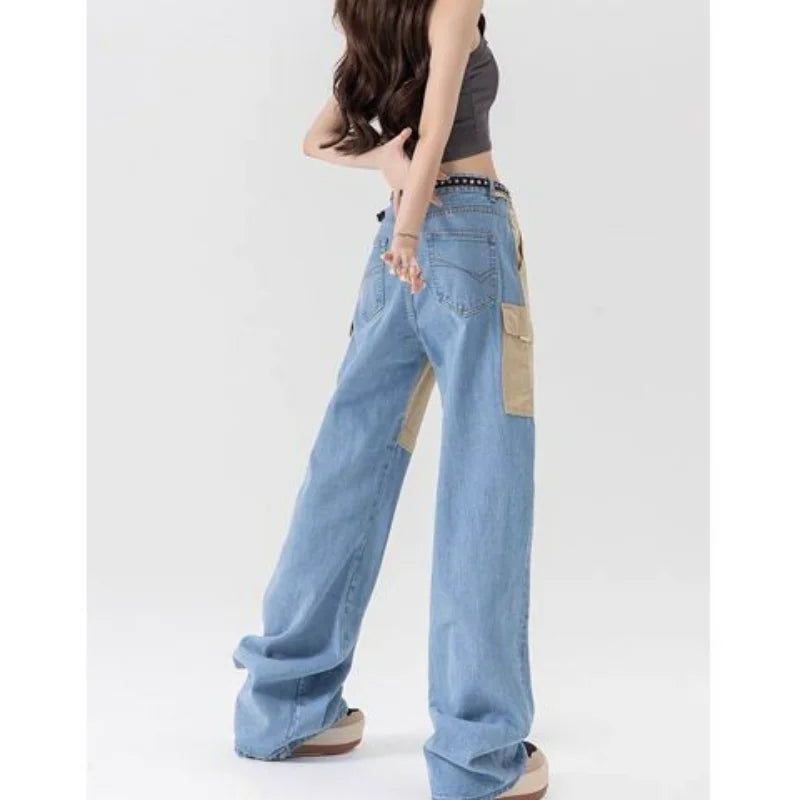 vmtvr American Fashion Spicy Girls Contrast Color Wide Leg Jeans Women's Summer Thin Design Button Pockets Zipper Straight Pants