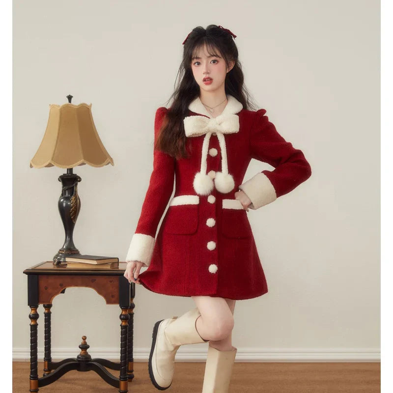 vmtvr  -  Elegant Women Christmas Dress Vintage Long Sleeve Office Lady Polo Collar New Korean Chic Sweet Casual Female Mini Dresses