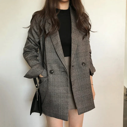 vmtvr Plaid Double Breasted Pockets Formal Jackets Checkered Winter Spring Women's Blazers Outerwear Tops