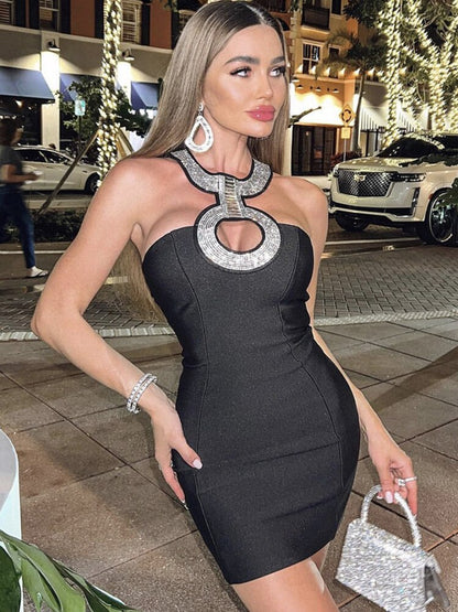 Women Summer Sexy Backless Halter Sequined Diamonds Sparkly Black Bodycon Bandage Dress Elegant Evening Club Party Dress