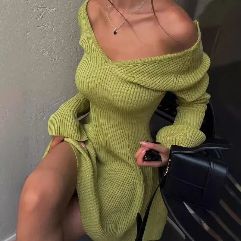 vmtvr  -  Knitted Off Shoulder V Neck Mini Dress Women's Sexy High Waist Long Sleeve Dress White Knitted Sweater Dress Robe Women