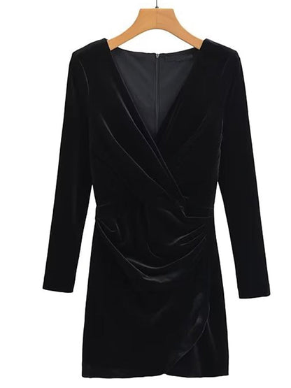 vmtvr New Spring 2023 Women Long Sleeve V Neck Ruched Velvet Mini Dress Vintage Ladies Sexy Vestido