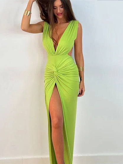 vmtvr -  Summer Fashion Ruched Long Dress Sexy Backless V Neck Hight Slit Women Bodycon Party Maxi Dress