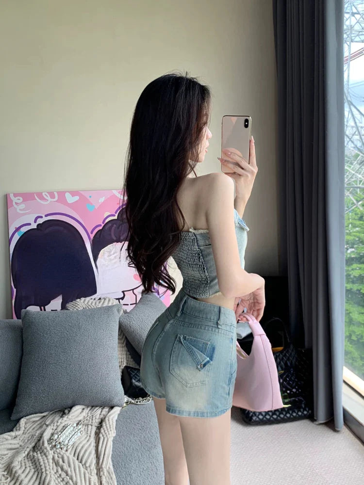 vmtvr 2024 Summer Vintage 2 Piece Skirt Set Women Casual Y2k Sleeveless Tops + Office Lady Slim Mini Skirt Fashion Sweet Denim Suits