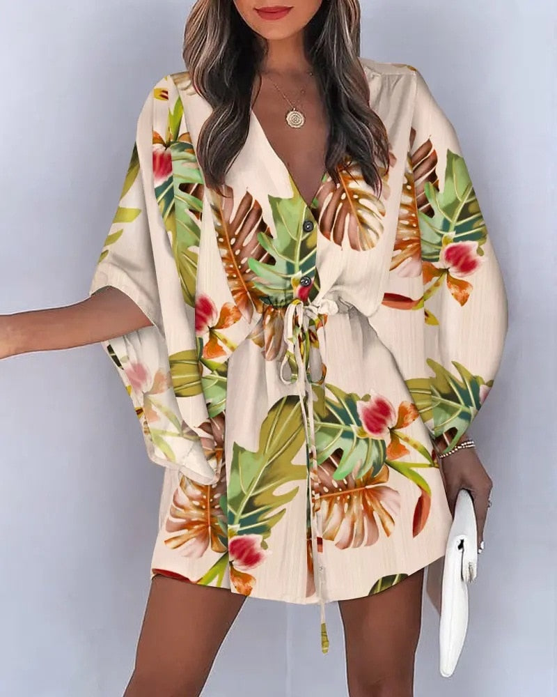 vmtvr 2023 Summer Boho Dresses Women Casual Flora Print Batwing Sleeve Lace-Up Dress Sexy V Neck Loose Ladies Beach Mini Dress Vestido