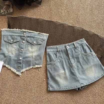 vmtvr 2024 Summer Vintage 2 Piece Skirt Set Women Casual Y2k Sleeveless Tops + Office Lady Slim Mini Skirt Fashion Sweet Denim Suits