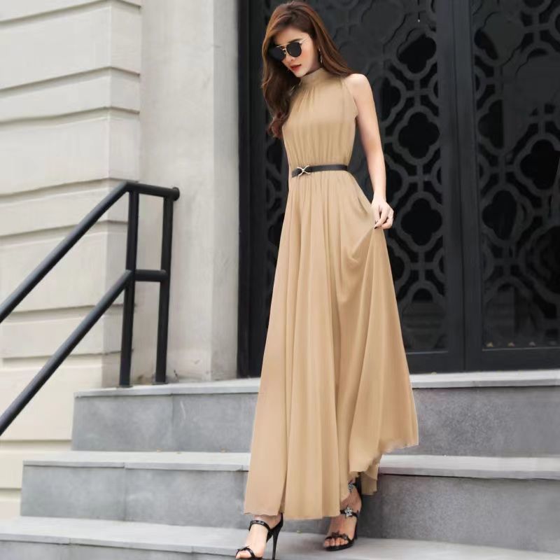 Simple Elegant Ladies Sleeveless Black Red Chiffon Long Dresses Women&#39;s Summer Fashion Ruffled Halter High Waist Maxi Dress Robe