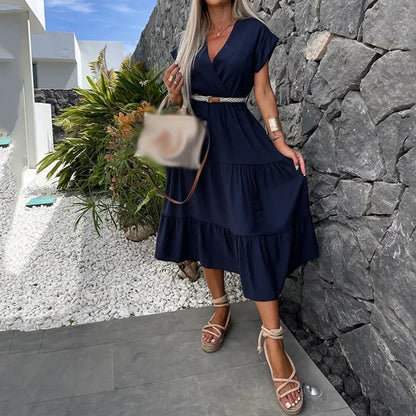 vmtvr Sexy Wrap V-neck Pleated A-Line Dress Women Spring High Waist Solid Office Lady Long Dress Summer Short Sleeve Boho Maxi Dresses