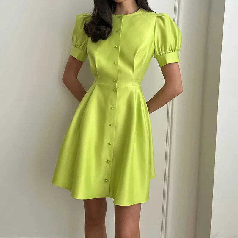 vmtvr Fashion Summer O-Neck Puff Sleeve Solid Dress Women Elegant Peal Buttons A-Line Dresses Ladies High Street Slim Waist Mini Dress