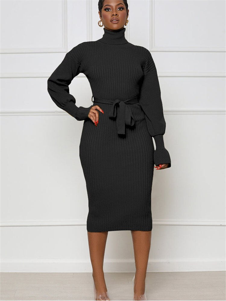 Long Black Sweater Dress Outfit Winter Female Turtleneck Solid Knit Sweater Bandage Midi Dresses Long Sleeve Casual Club Party Long Dress Women Autumn Winter