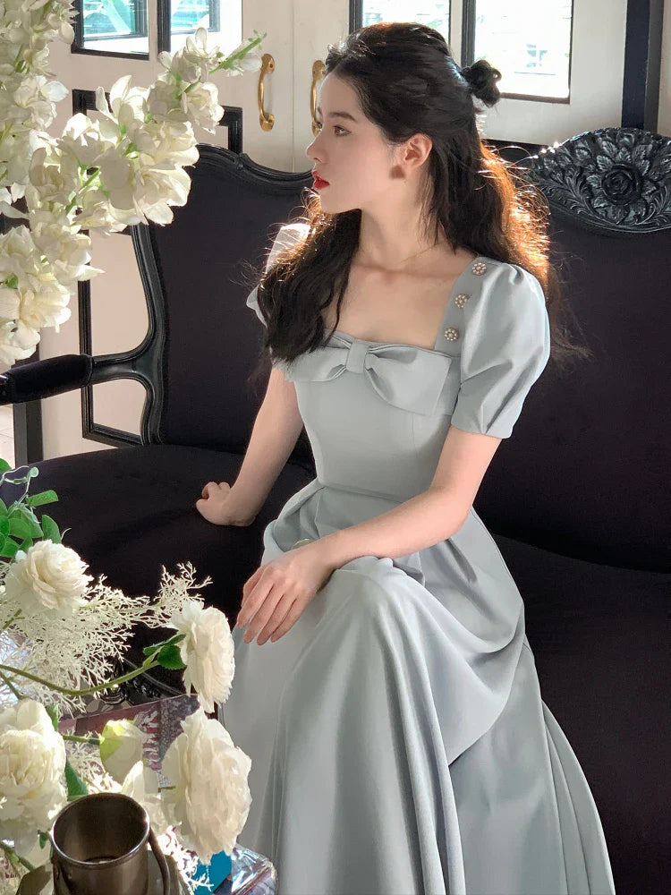 2024 Summer Elegant Vintage Fairy Dress Women Bow Pink Sweet Party Midi Dress Casual Retro Korean Dress Female Puff Sleeve Slim