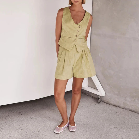 vmtvr New Spring Solid Two Piece Suit Casual Single Breasted Vest Suit Coat & Pocket A-Line Shorts Women Set Summer Sleeveless Outfits