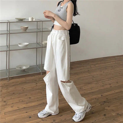 vmtvr Y2K Women Solid White Jeans Korean Retro Ripped Female Denim Trousers Summer Fashion Streetwear Loose Wide Leg Pants