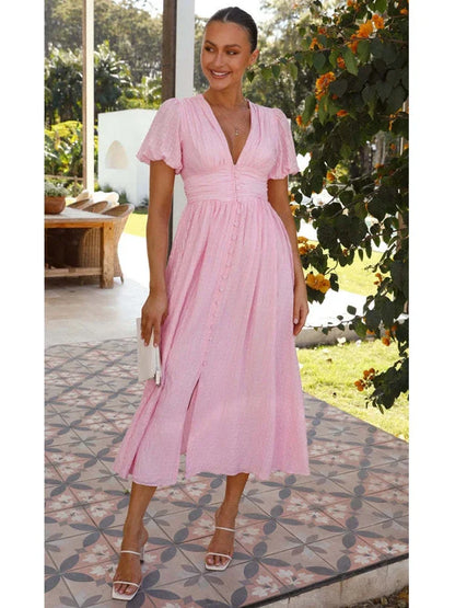 vmtvr  -  V-neck Yellow Puff Sleeve Split Solid Summer Women Dress A-line Maxi Long Sundress Vestido Button Beach Dress Party