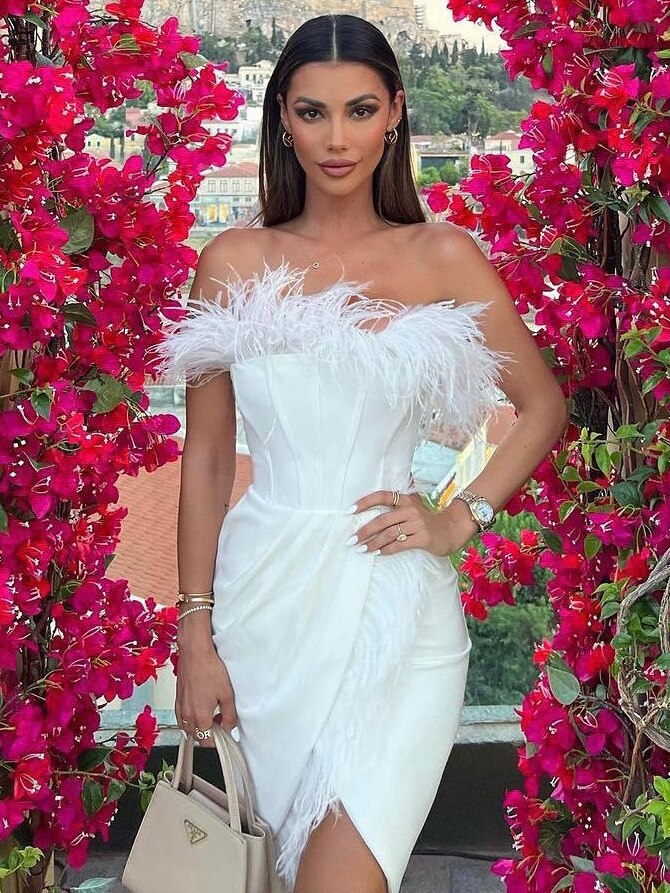 vmtvr Fashion Women's Strapless Off Shoulder High Waist Feathers Irregular Hems Wedding Party Dress Black White Mini Evening Dresses