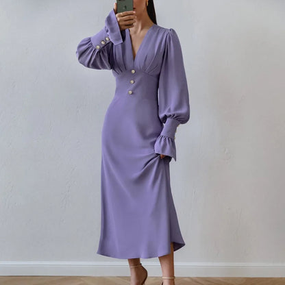 vmtvr  -  Classic V-neck Lantern Sleeve Chiffon Dress Spring and Summer Women Casual Waistband Button Decoration A-line Evening Dress