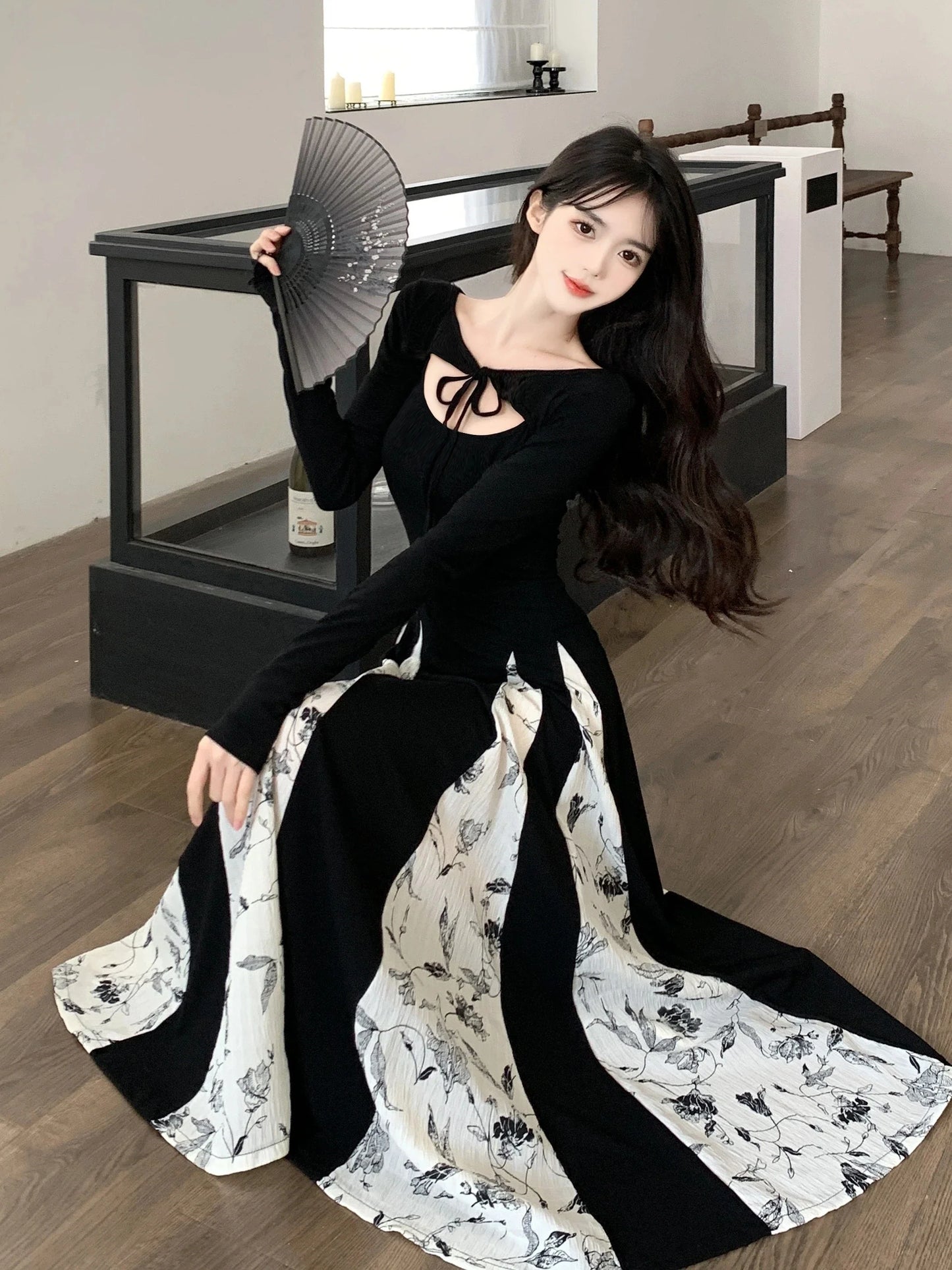 vmtvr  -  Vintage Knitted Patchwork Floral Dress Irregular Design Sense Hepburn Wind Sweet Fashion Slim Summer New Black Long Dresses