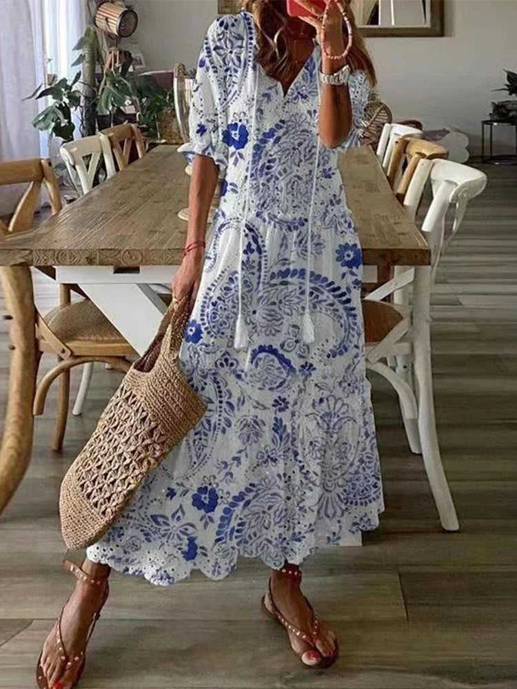 vmtvr  -  Casual Hollow Out V Neck White Lace Maxi Dress Vintage A-line Loose Embrioderied Floral Print Bohemian Long Sundress