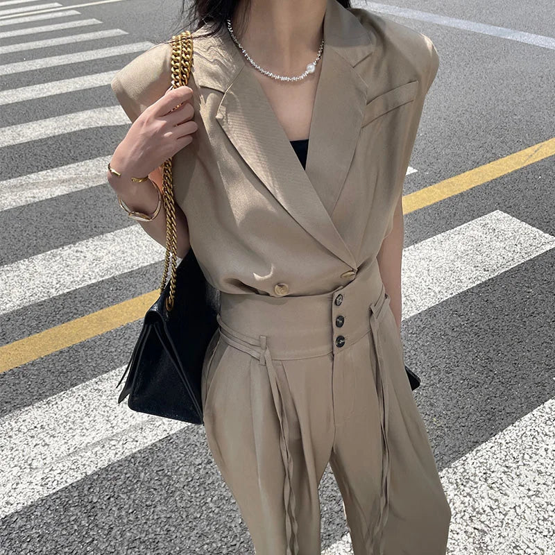 vmtvr Casual Fashion Summer Sleeveless Drawstring Sports Top + High Waist Wide Leg Pants Set Female High Street Office Wear Ladies