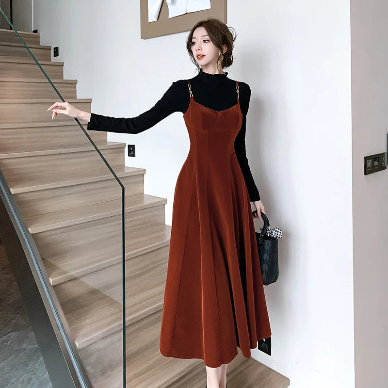 vmtvr  -  Elegant Party Sleeveless Velvet Midi Dresses for Women Autumn New Vintage Fashions A-line Slim Green Casual Female Clothing