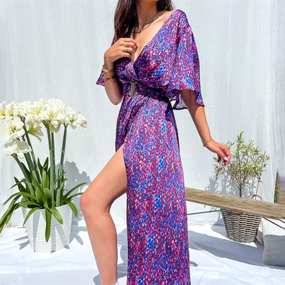 vmtvr - Elegant Casual Long Dress Ruffles Slit A Line Sexy Deep V Neck Print Floral Vestidos Boho Evening Prom Maxi Dress