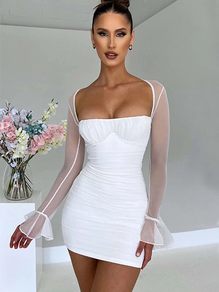 White Halter Mesh Long Sleeve Sexy Dress Women Backless Pleat Bodycon Mini Autumn Dress Elegant Party Dresses Vestidos